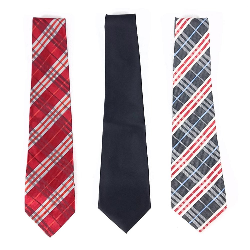 Kai Long Mens 100% Silk Necktie Set 3 Pack‎ Plaid Solid Black Red Grey Handmade